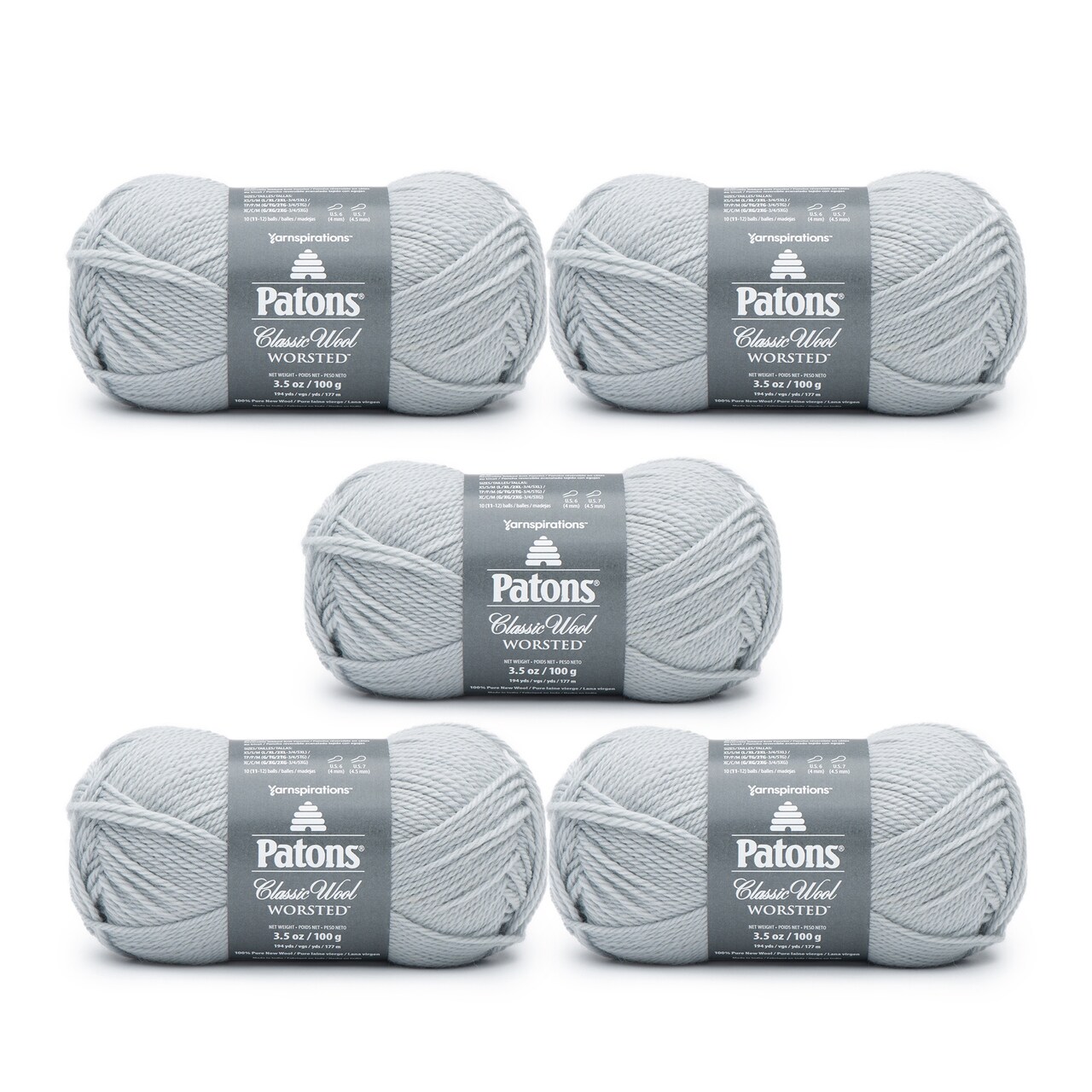 Patons Classic Wool Cool Gray Yarn - 5 Pack of 3.5oz/100g - Wool - 4 Medium  - 210 Yards - Knitting/Crochet